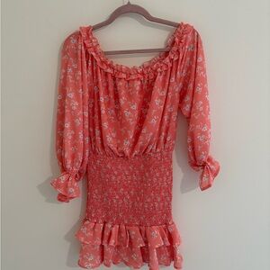 Flying Tomato Coral Drop Waist Off Shoulder Floral Dress